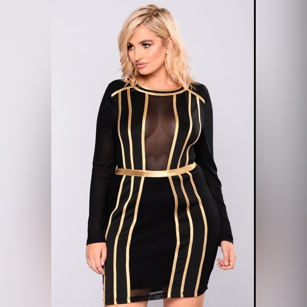 Sexy Black Dress with Sheer & Gold Accents sz 2X with stretch